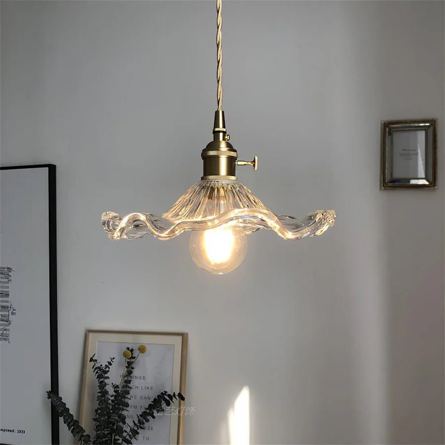 Hibiscus Flower Scalloped Glass Pendant Light – Vintage Kitchen Pendant Lighting with Adjustable Suspension, Warm Light 2