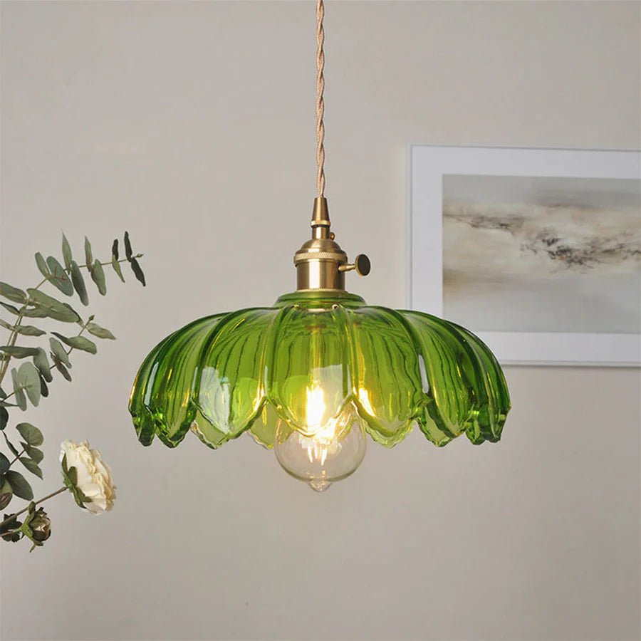 Vintage Floral Scalloped Glass Pendant Lamp – Victorian Style Kitchen Pendant Lighting with Adjustable Cable 0