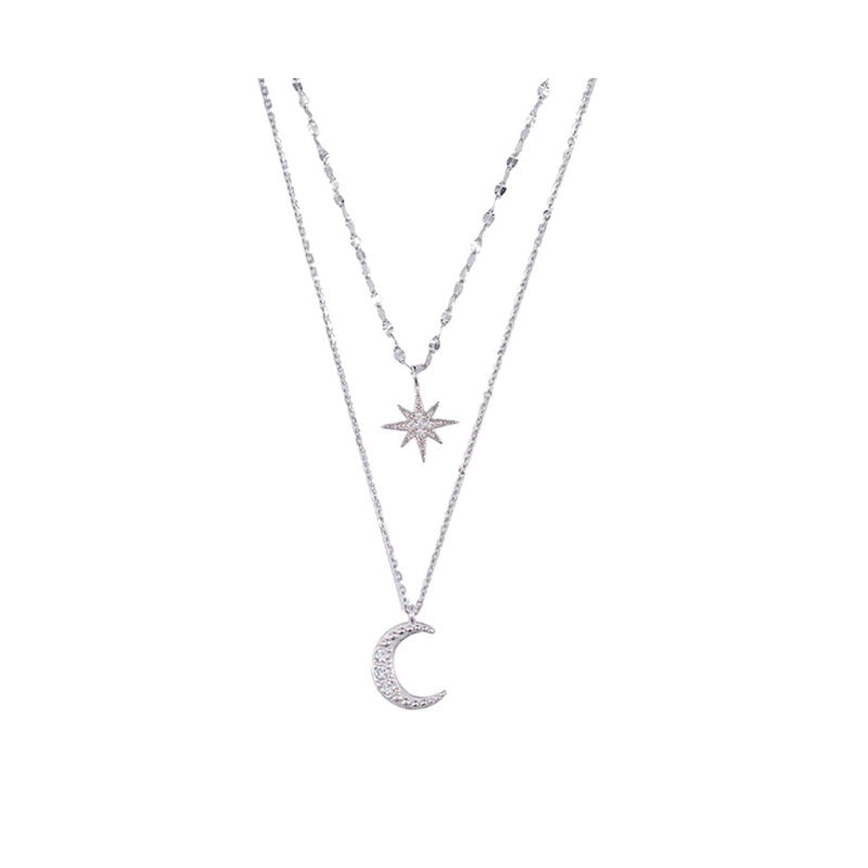 Lunara Double Moon Necklace In Light Silver, Limited Edition Layered Pendant For Romantic Everyday Wear
