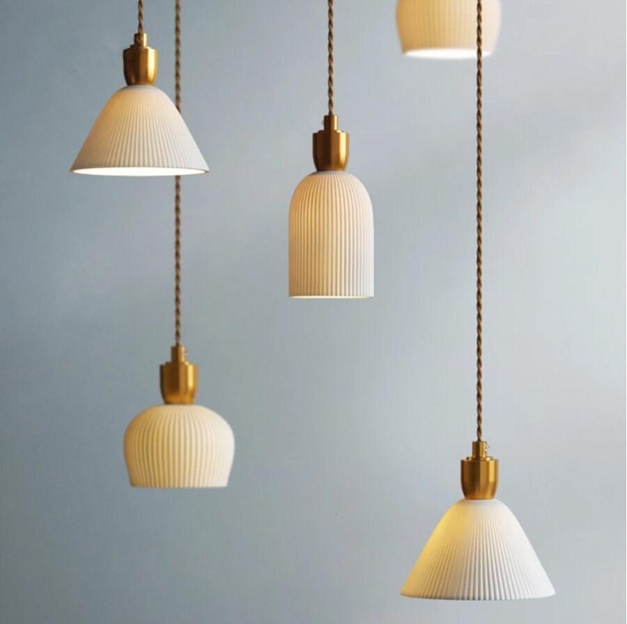 Aurea Deco Ribbed Ceramic Pendant Light With Bulb Included
