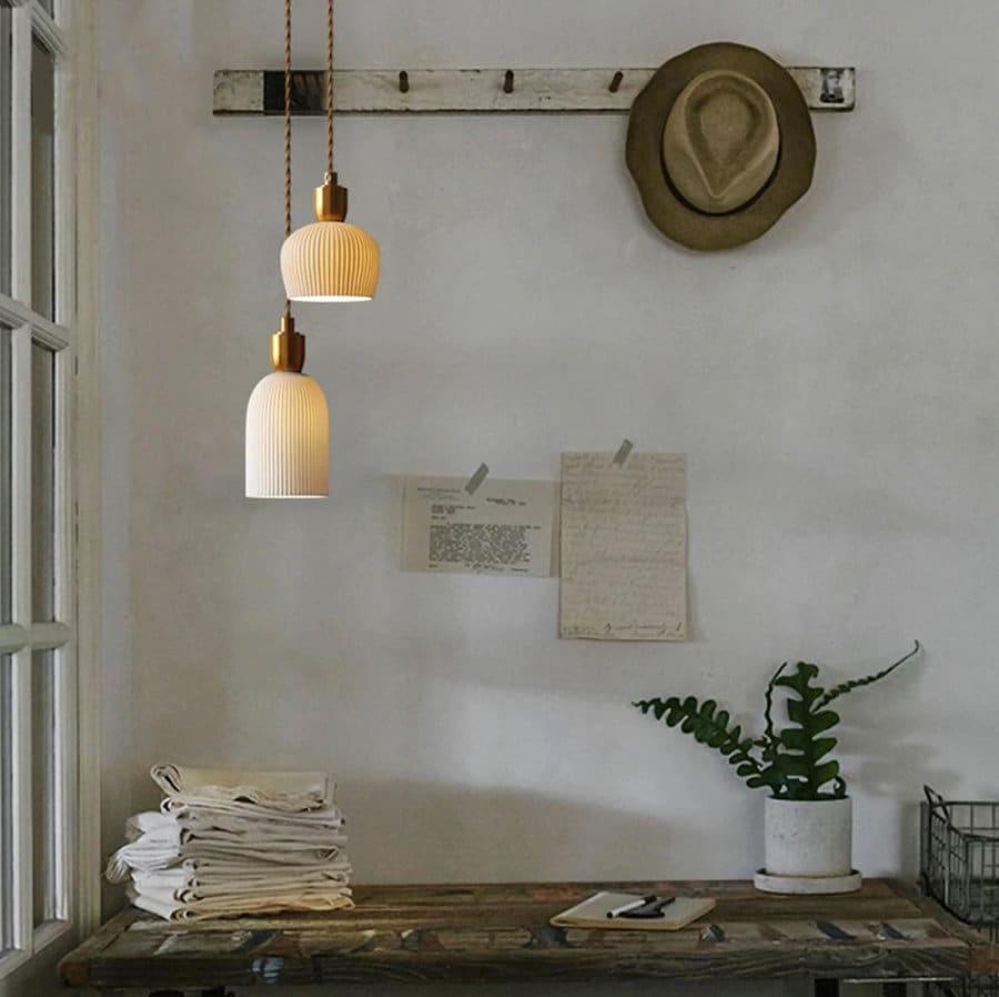 Aurea Deco Ribbed Ceramic Pendant Light With Bulb Included