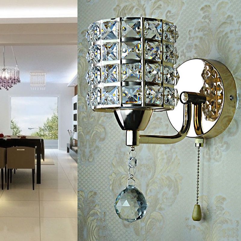 GleamAura Bedroom Crystal Wall Sconce With Pull Chain