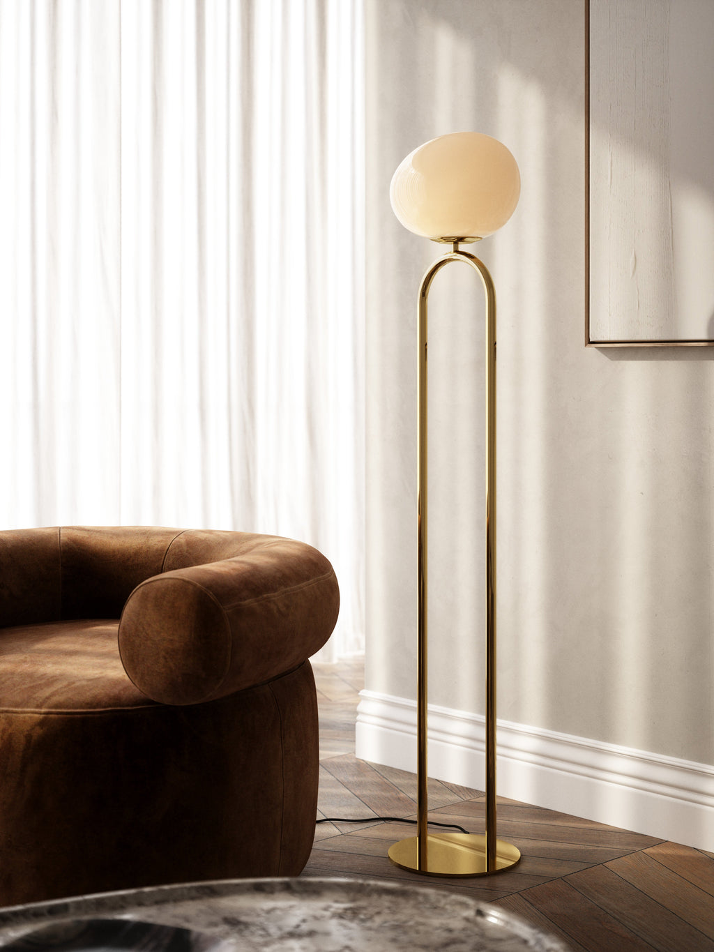 Elegant Brass Floor Lamp with Asymmetrical Opal Glass Shade for Soft Lighting – Modern Standing Lamp for Living Room 1