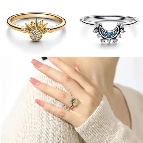 Lunara Sparkling Moon And Sun Silver Crystal Ring For Elegant Statement And Confident Style
