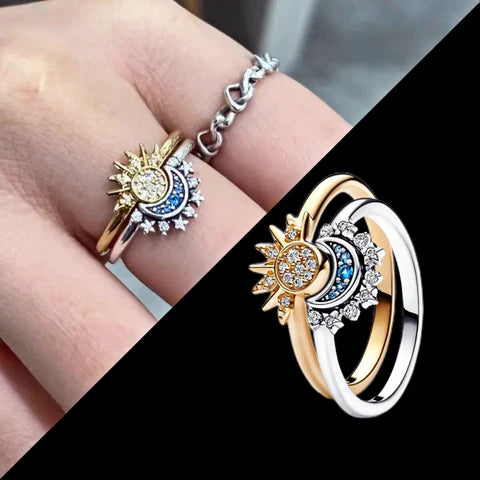 Lunara Sparkling Moon And Sun Silver Crystal Ring For Elegant Statement And Confident Style