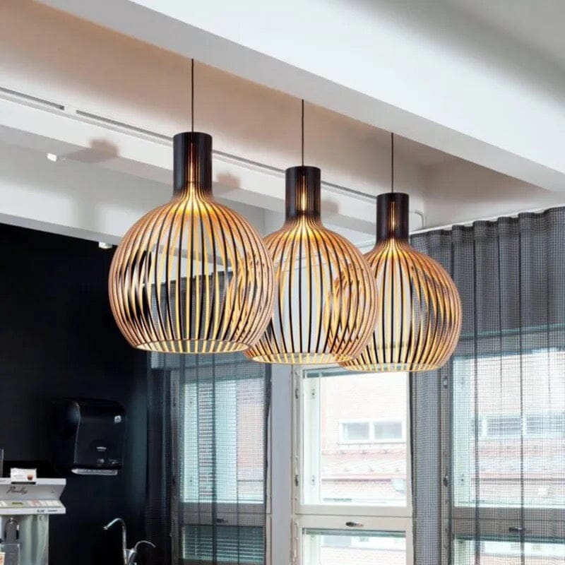 Nordic Wood Cage Pendant Light with Adjustable Cord