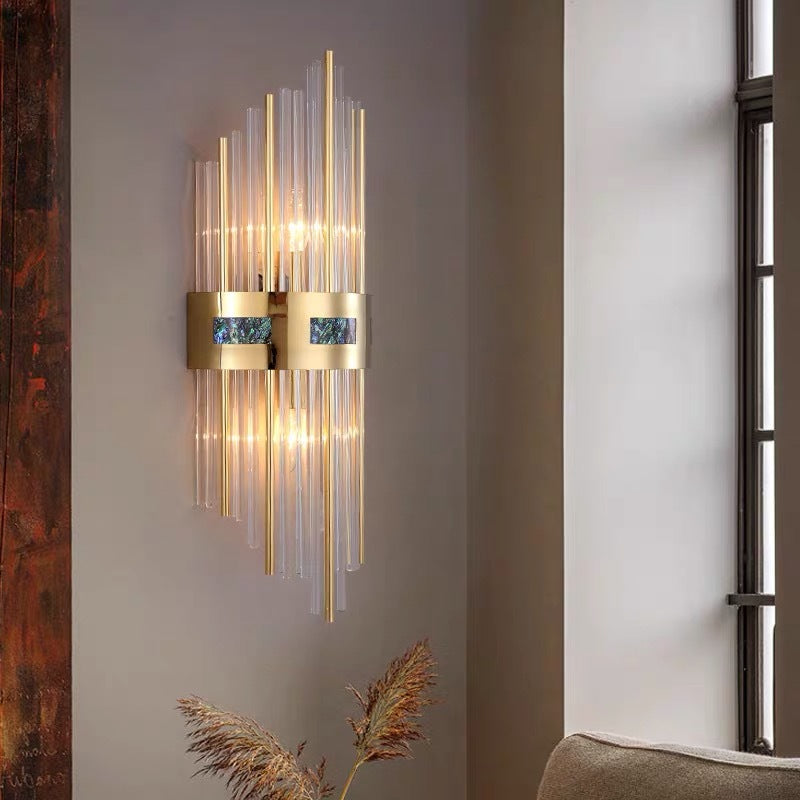 Brushed Gold Vertical Wall Light with Crystal Rods