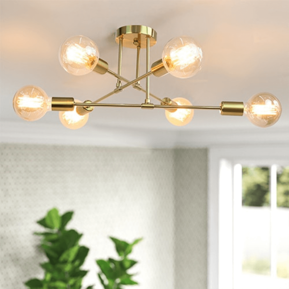 Lorien Brass Ceiling Light Six Bulb Industrial Style Fixture