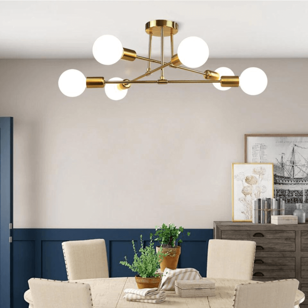 Lorien Brass Ceiling Light Six Bulb Industrial Style Fixture