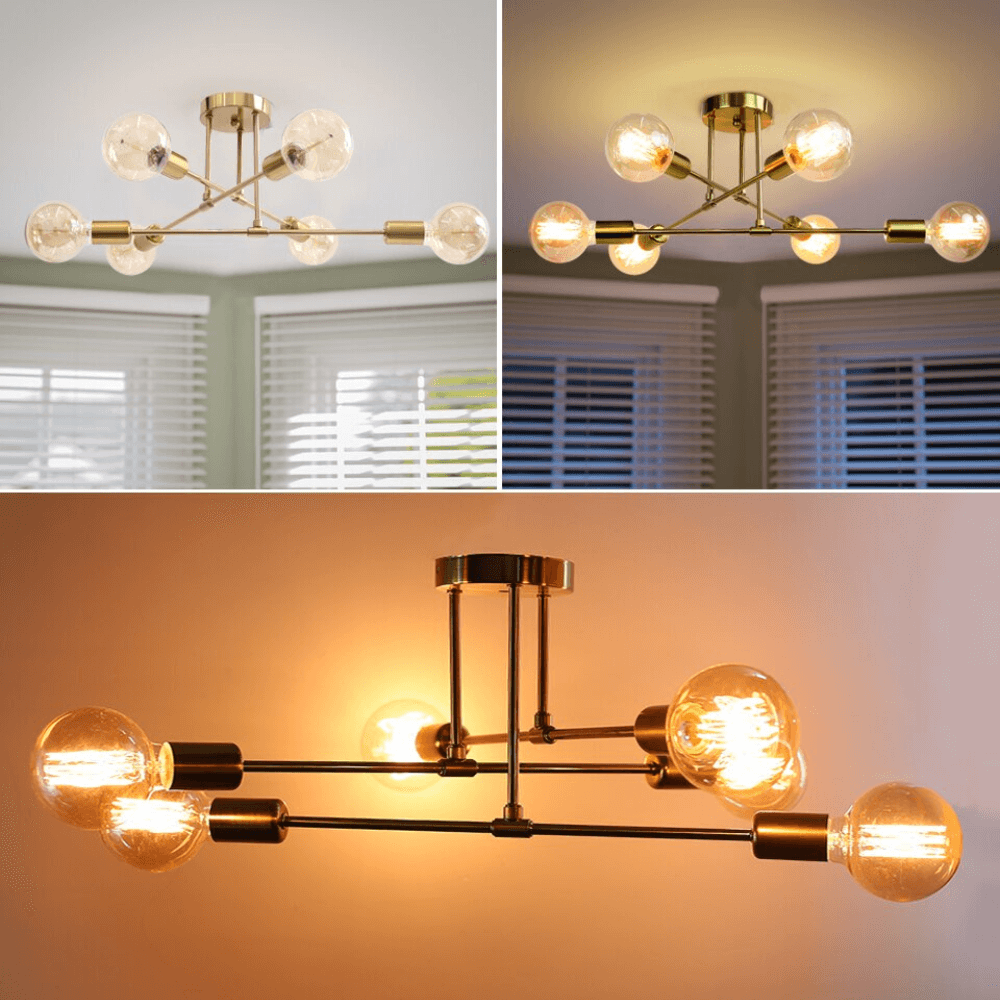 Lorien Brass Ceiling Light Six Bulb Industrial Style Fixture