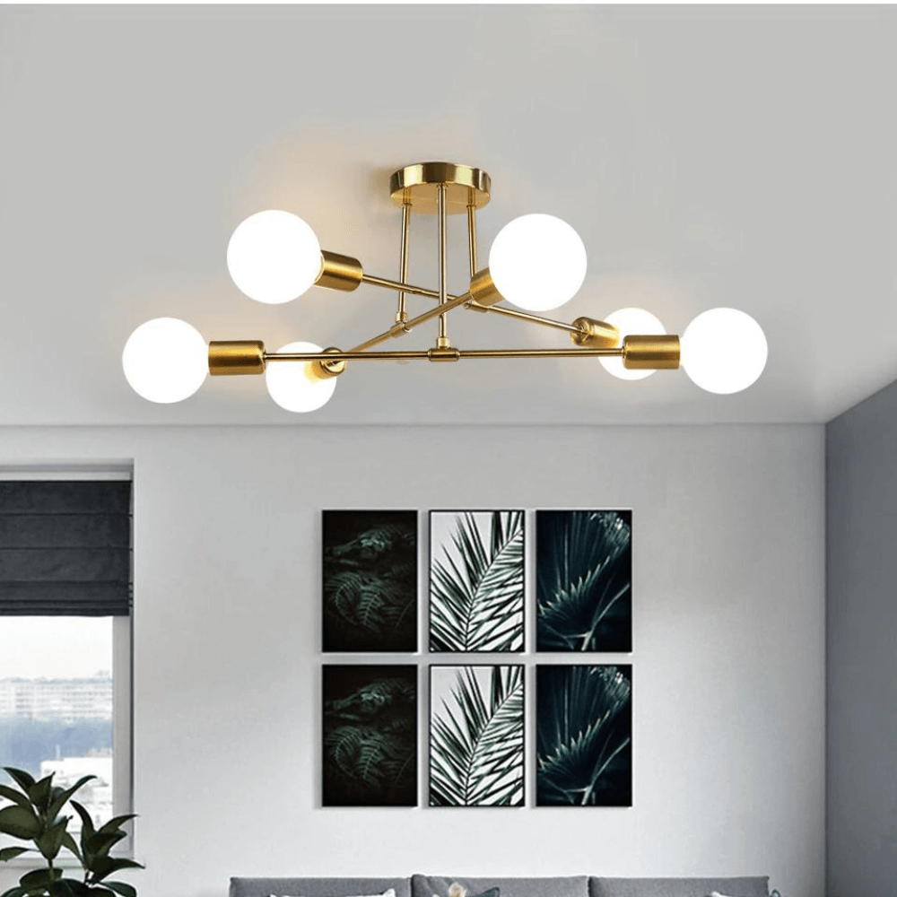 Lorien Brass Ceiling Light Six Bulb Industrial Style Fixture