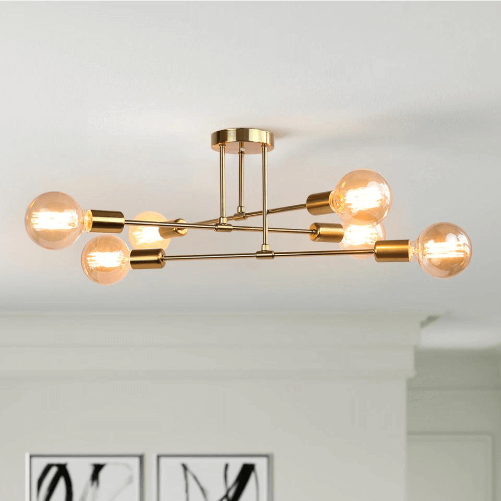 Lorien Brass Ceiling Light Six Bulb Industrial Style Fixture