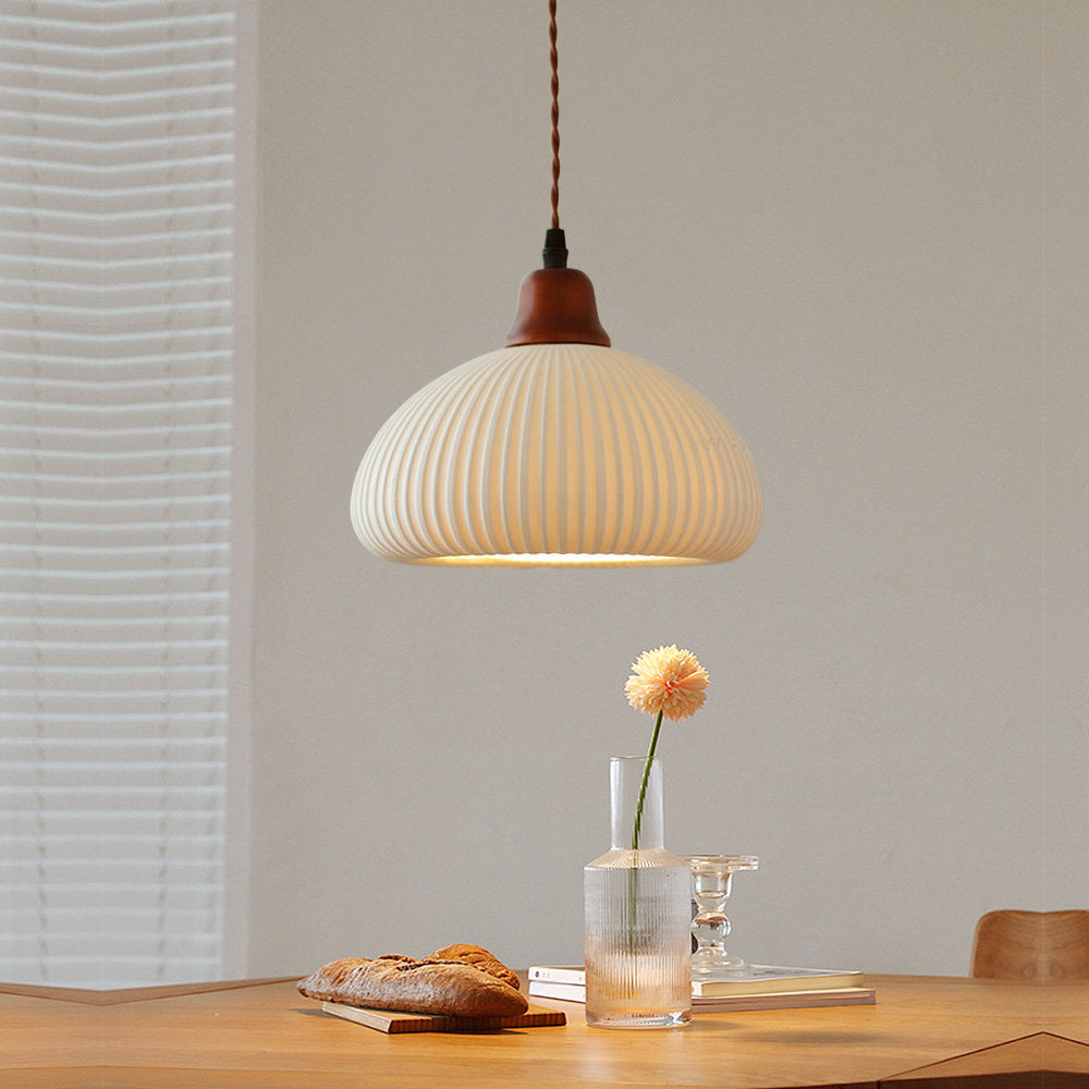 Norelle Japandi Ribbed Ceramic Pendant Light Soft Warm Glow