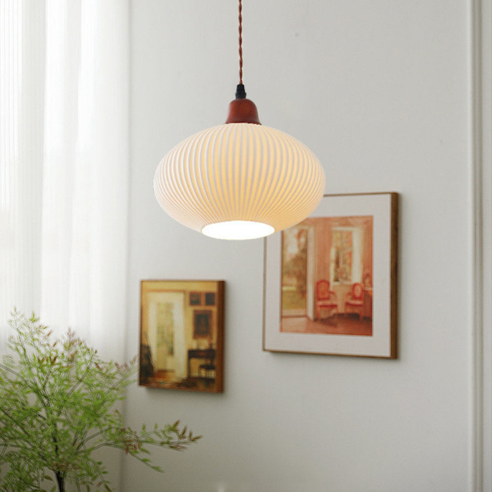 Norelle Japandi Ribbed Ceramic Pendant Light Soft Warm Glow