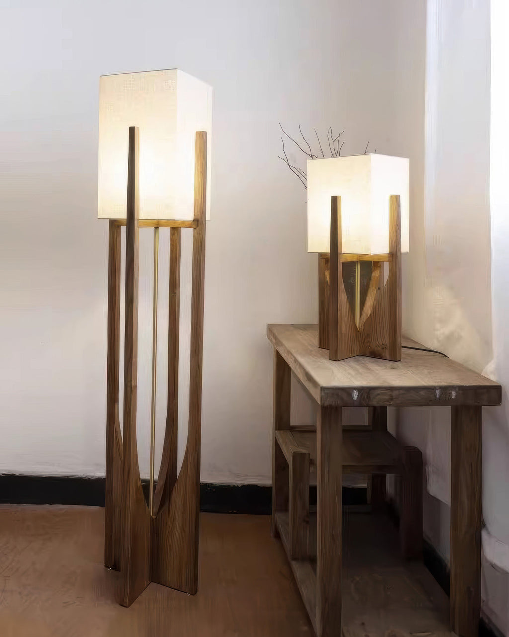 Japanese Walnut Solid Wood Floor Lamp With Linen Shade