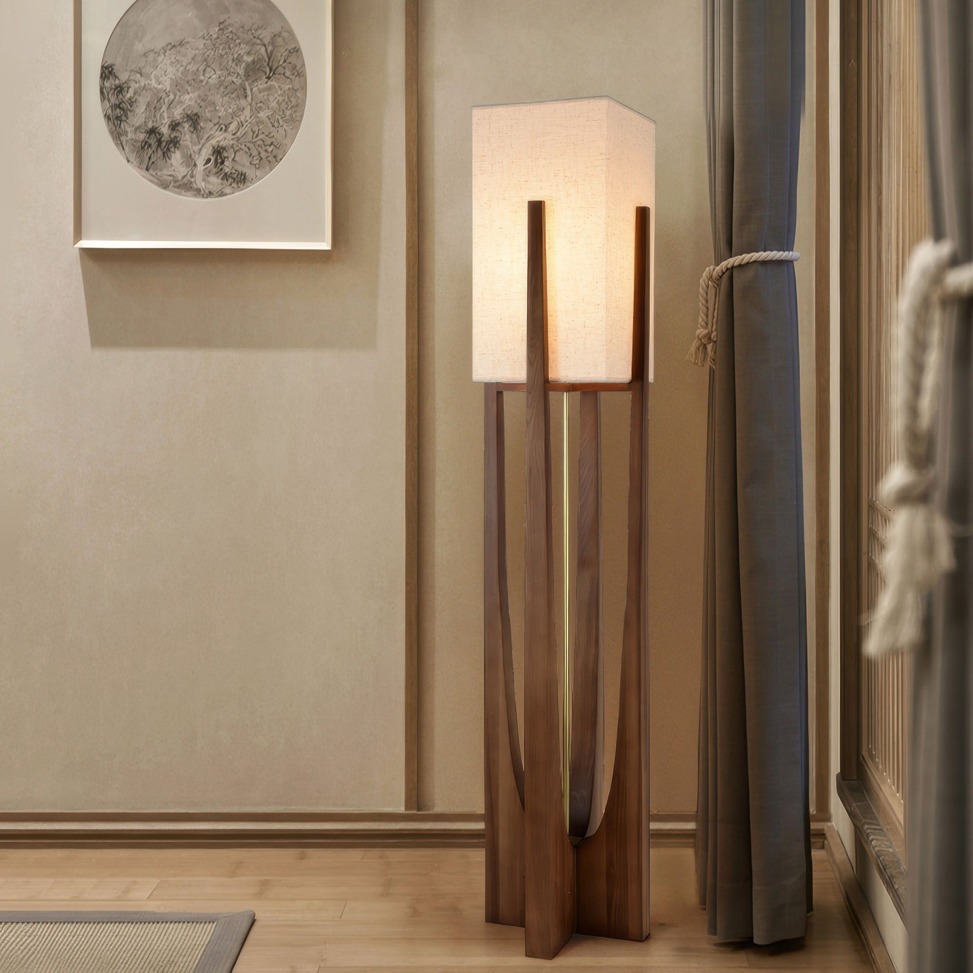 Japanese Walnut Solid Wood Floor Lamp With Linen Shade