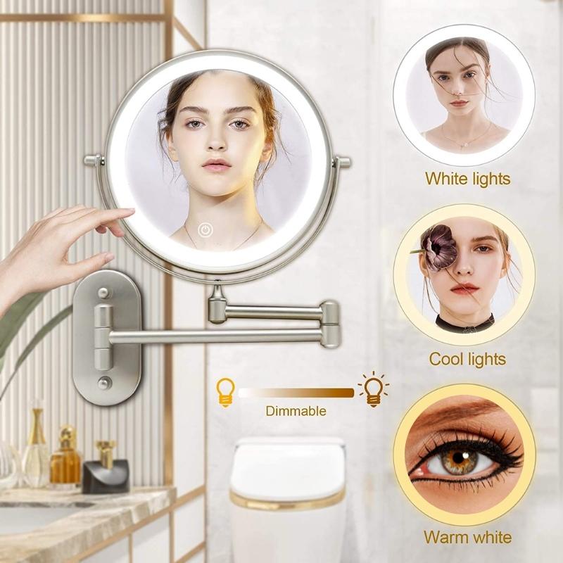 Matte Silver LED Magnifying Vanity Mirror, Wall-Mounted