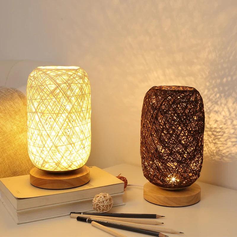 Rattan Table Lamp with Woven Rope Shade and Wooden Base – Cozy Bedside Lamp for Living Room and Bedroom 2