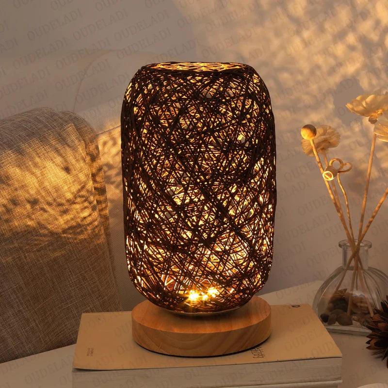 Rattan Table Lamp with Woven Rope Shade and Wooden Base – Cozy Bedside Lamp for Living Room and Bedroom 3