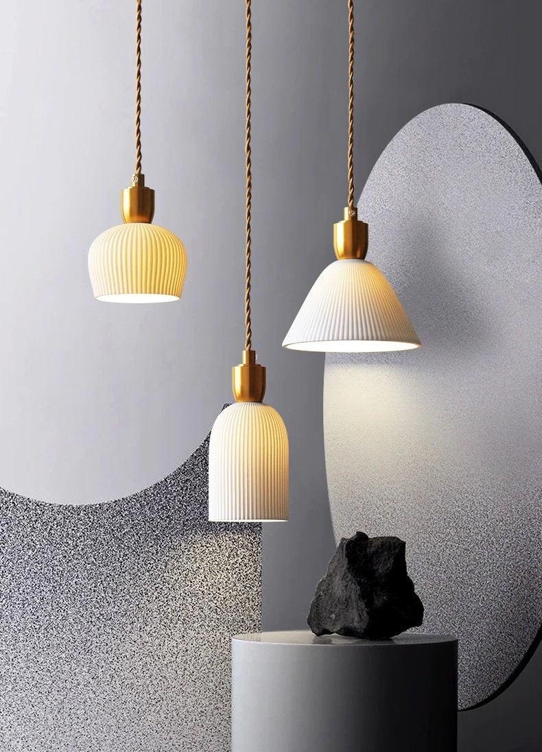 Aurea Deco Ribbed Ceramic Pendant Light With Bulb Included