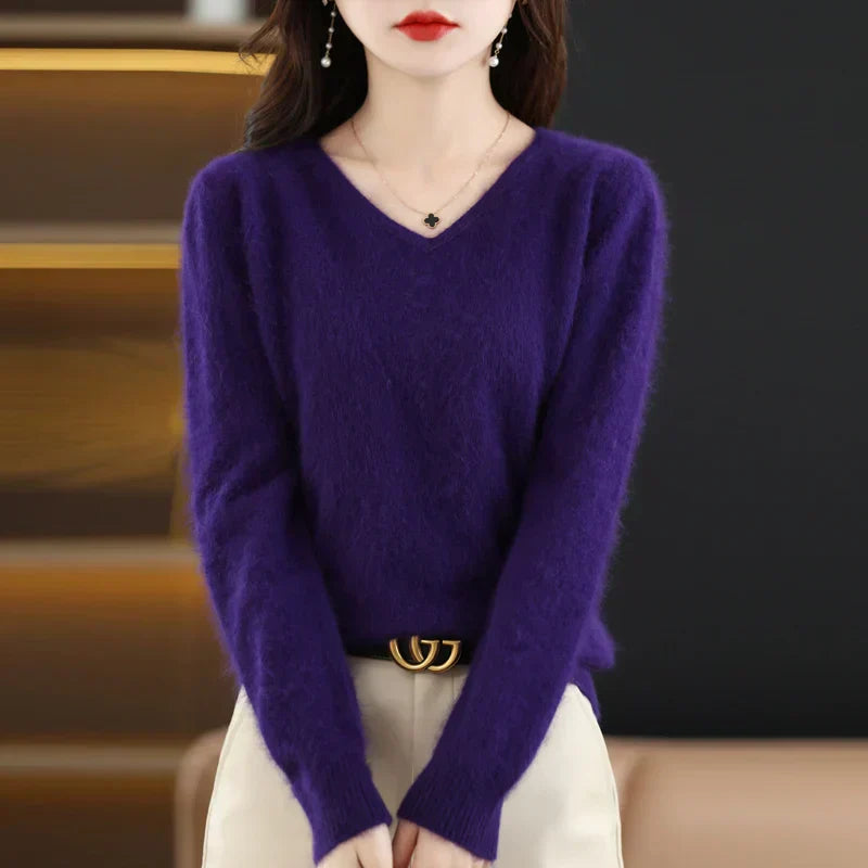 Kizuna Cashmere V-Neck Sweater for Women Slim Fit Style