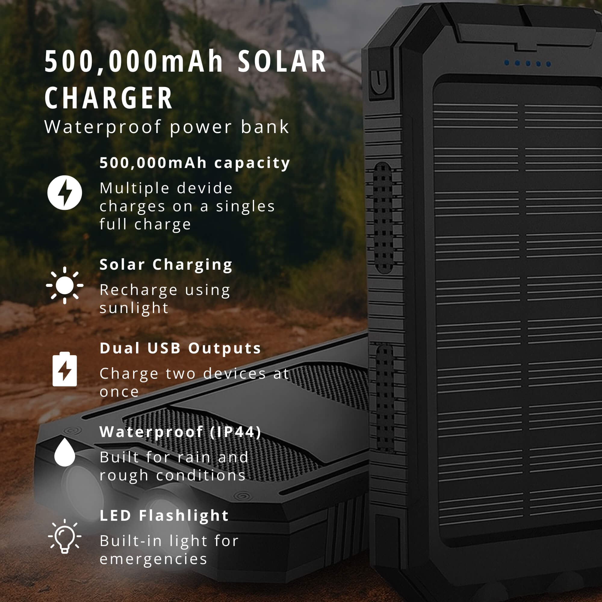 Terralux 500000mAh wasserdichte Solar-Powerbank tragbar