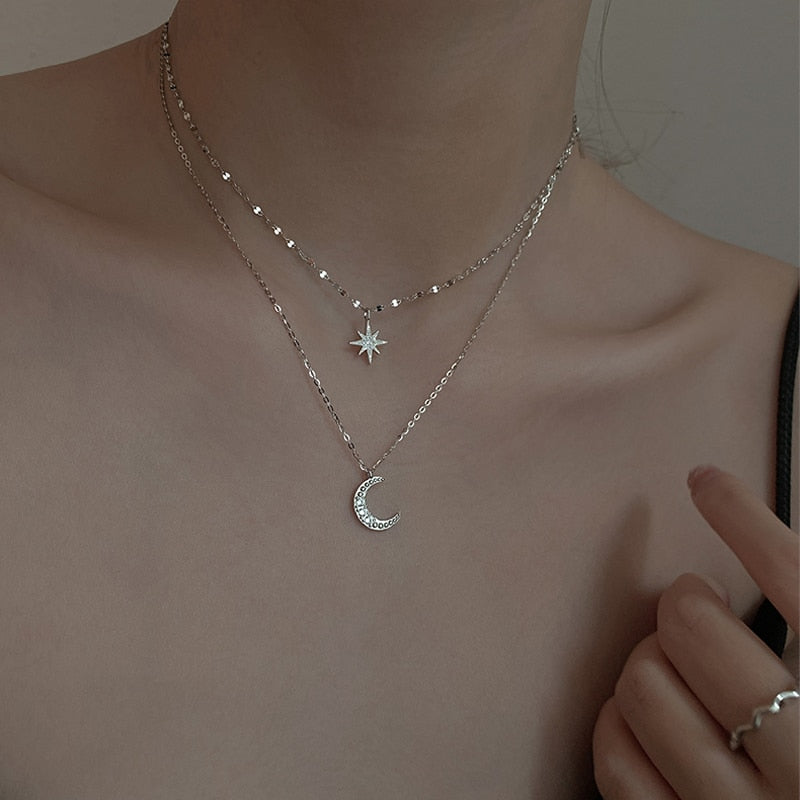 Lunara Double Moon Necklace In Light Silver, Limited Edition Layered Pendant For Romantic Everyday Wear