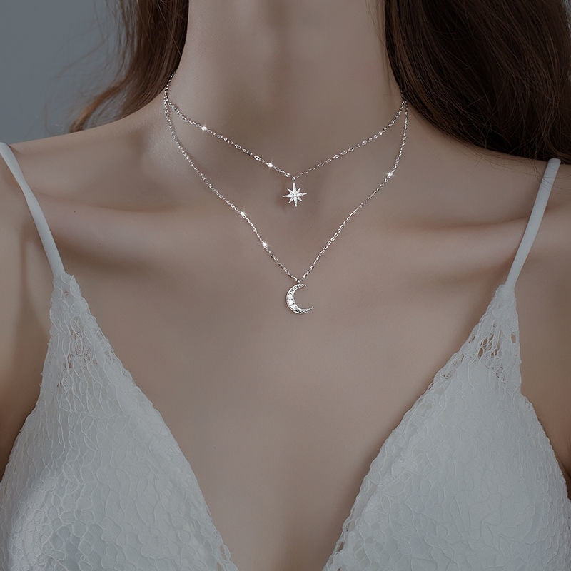 Lunara Double Moon Necklace In Light Silver, Limited Edition Layered Pendant For Romantic Everyday Wear
