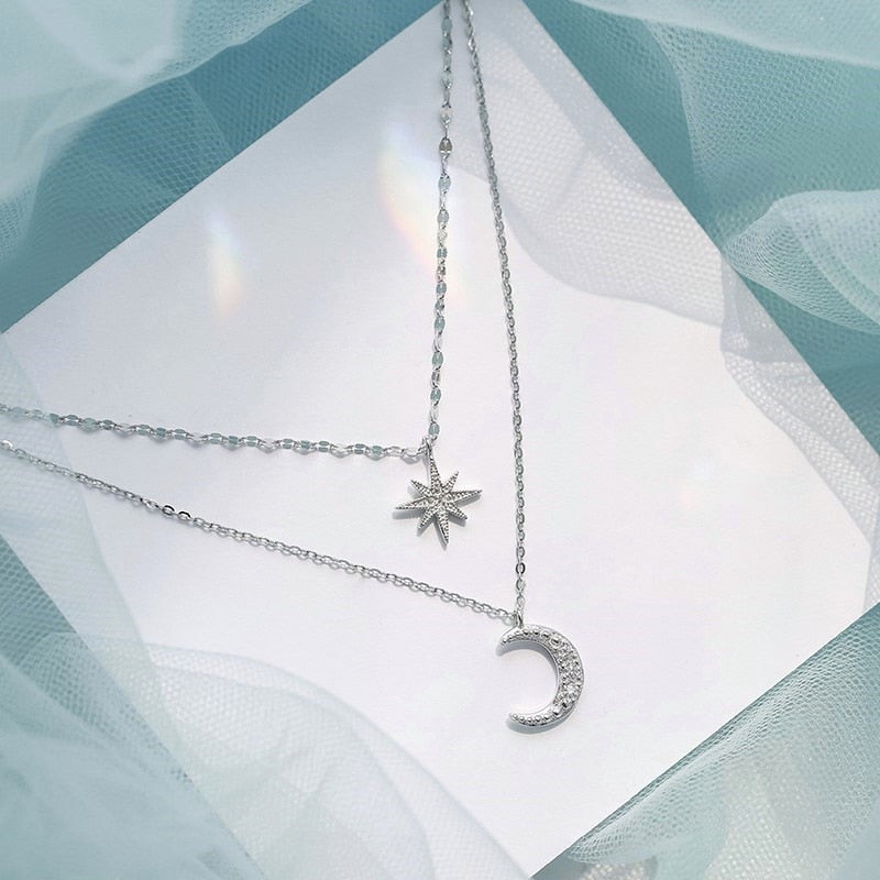 Lunara Double Moon Necklace In Light Silver, Limited Edition Layered Pendant For Romantic Everyday Wear