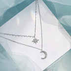 Lunara Double Moon Necklace In Light Silver, Limited Edition Layered Pendant For Romantic Everyday Wear