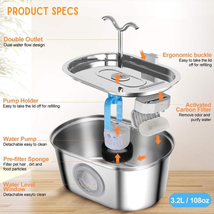 Fuente silenciosa de acero inoxidable para gatos para hidratación saludable