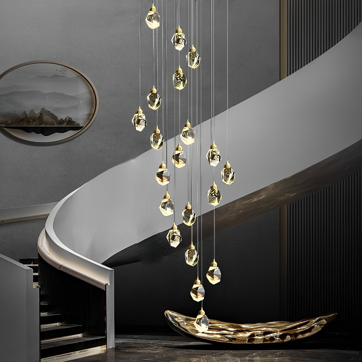Lyra Spiral Crystal Droplets Pendant Chandelier Staircase